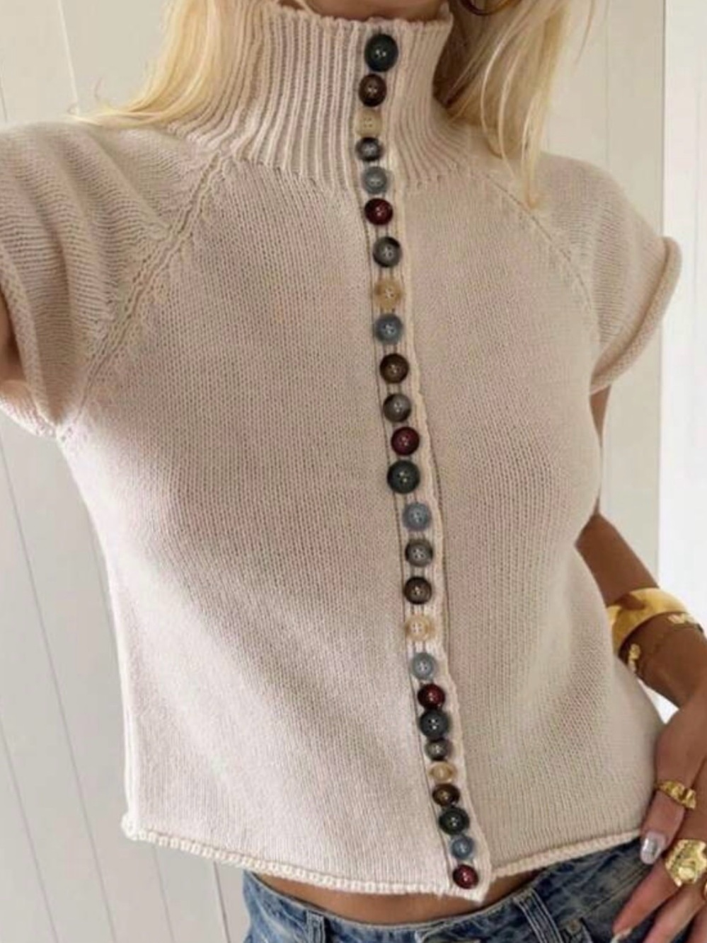 SHEIN Cream Short-Sleeve Mock Neck Sweater with Decorative Buttons